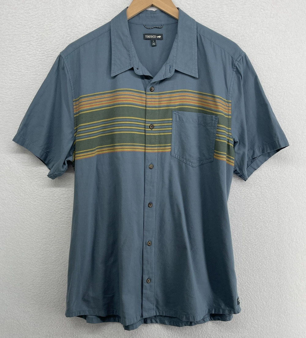 TOAD&CO Shirt Mens L Airscape Short Sleeve Organic Cotton Striped Button Up Blue